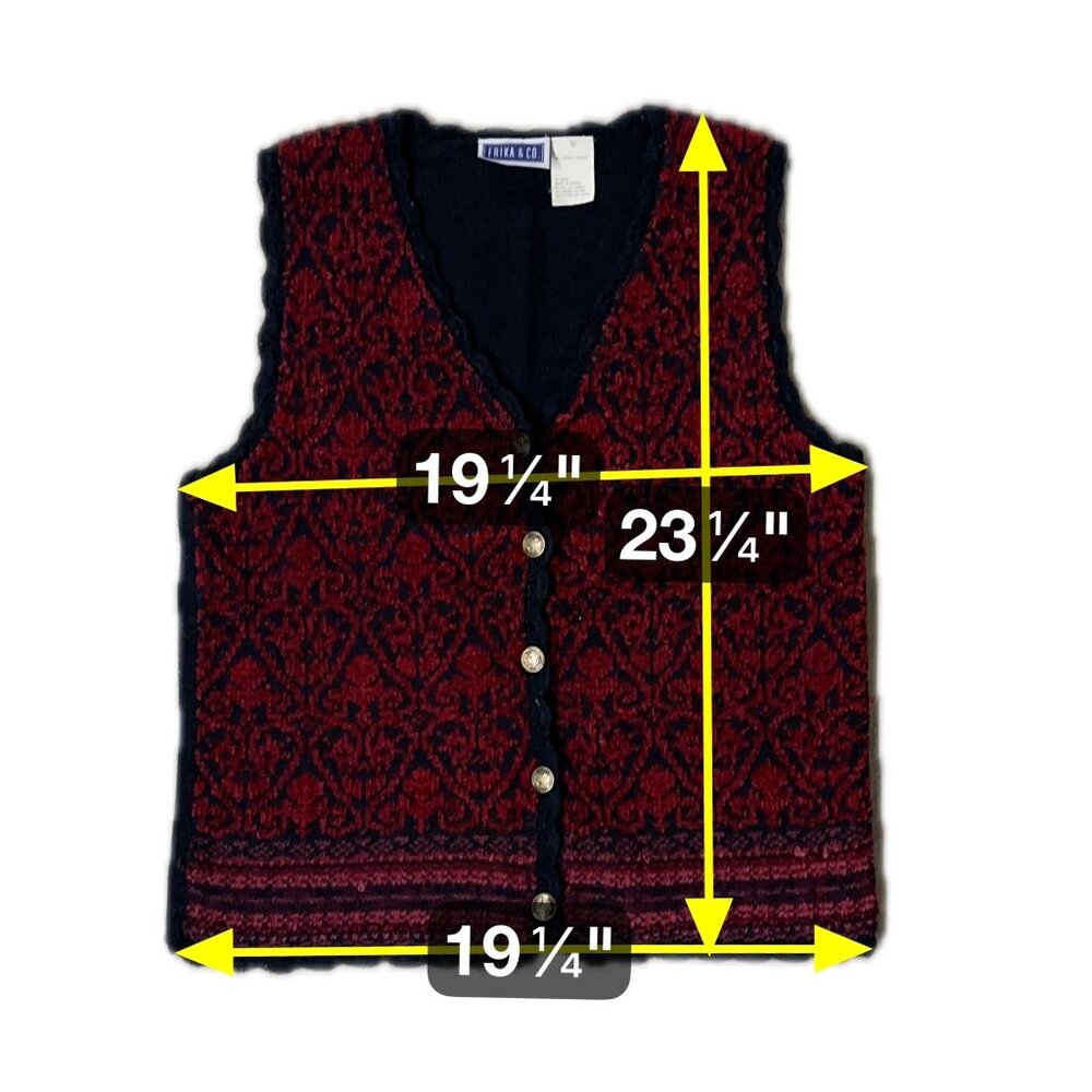 Vintage Vest 1990s Chenille Knit Black Red Button Up Scalloped Edges Small Korea - Picture 9 of 9